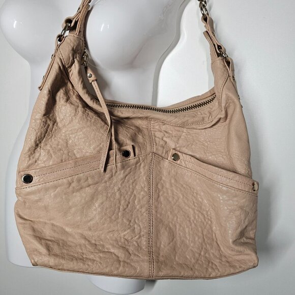 Tre Vero Beige‎ Leather Shoulder Bag Tan Chain Strap Pockets 10"x13.5" - Picture 2 of 14